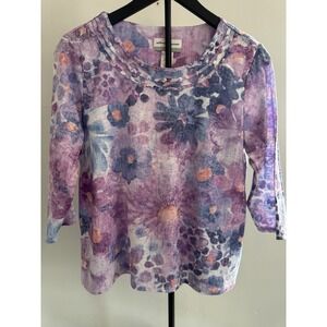 Alfred Dunner Petite PM Purple Blue Floral Watercolor Knit Top Womens Date Night